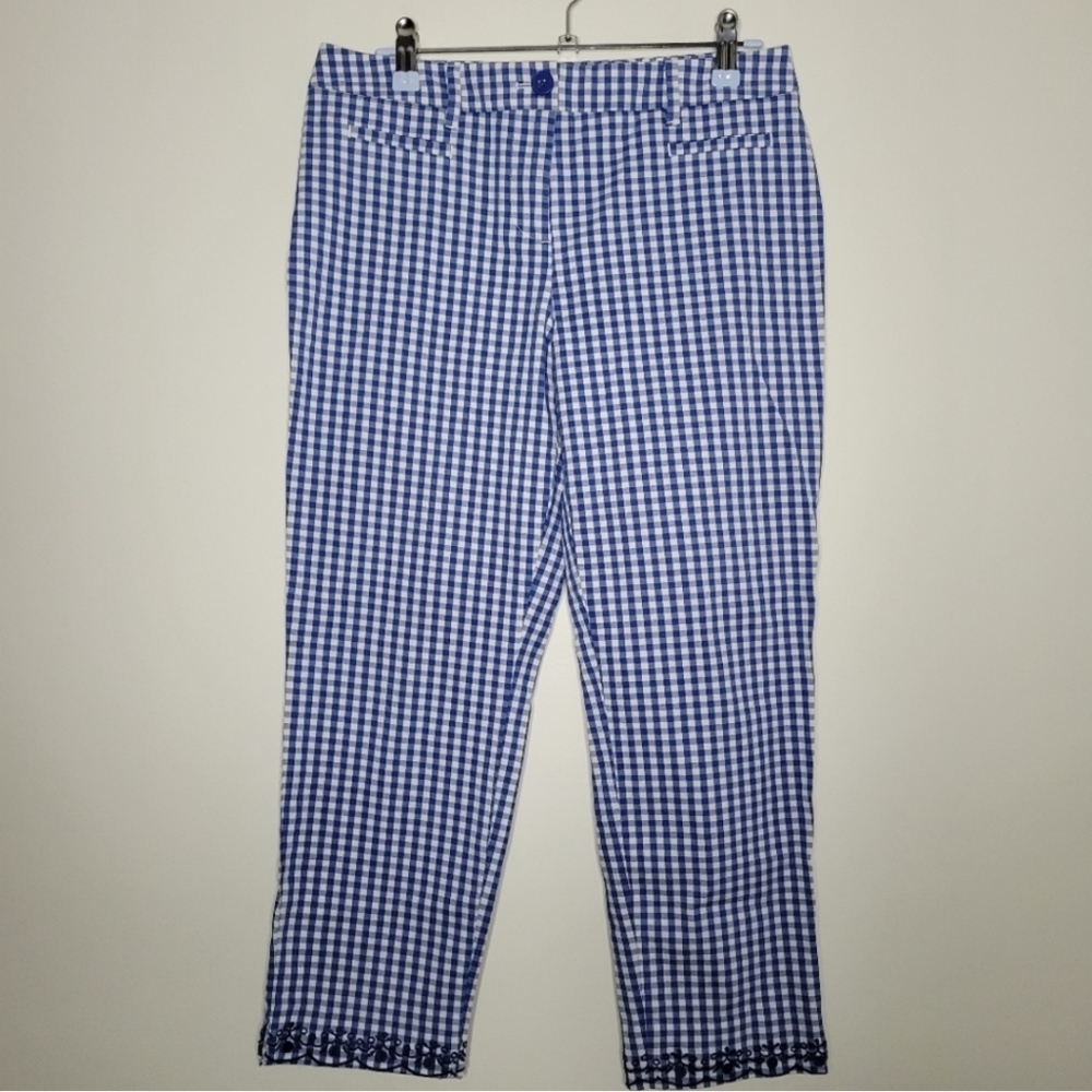 TALBOTS Petites Blue Gingham Check Embroidered Slacks Pants Sizeโ 4p